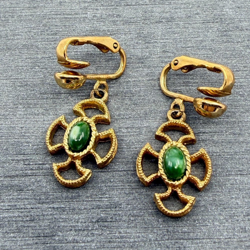 Vintage Avon Gold Tone Green Cabochon Cross Clip On Earrings Statement Jewelry